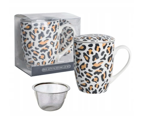 Porcelanowy kubek z zaparzaczem i pokrywką 350ml CR3-107 Panterka