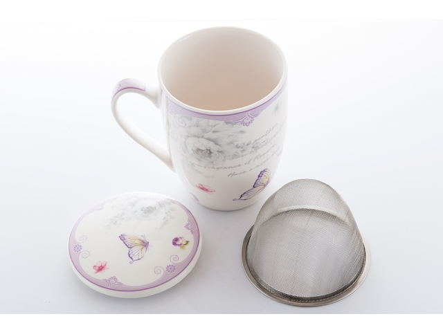 Porcelanowy kubek z zaparzaczem i pokrywką 350ml CR3-15 Lawenda