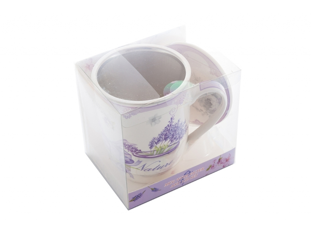 Porcelanowy kubek z zaparzaczem i pokrywką 350ml CR3-15 Lawenda