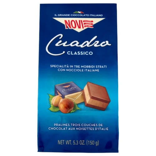 Mini czekoladki (Mini praliny) gianduja przełożone warstwą pasty z orzechów laskowych zamknięte w elegancką kostkę - NOVI Cuadro Classico 150g