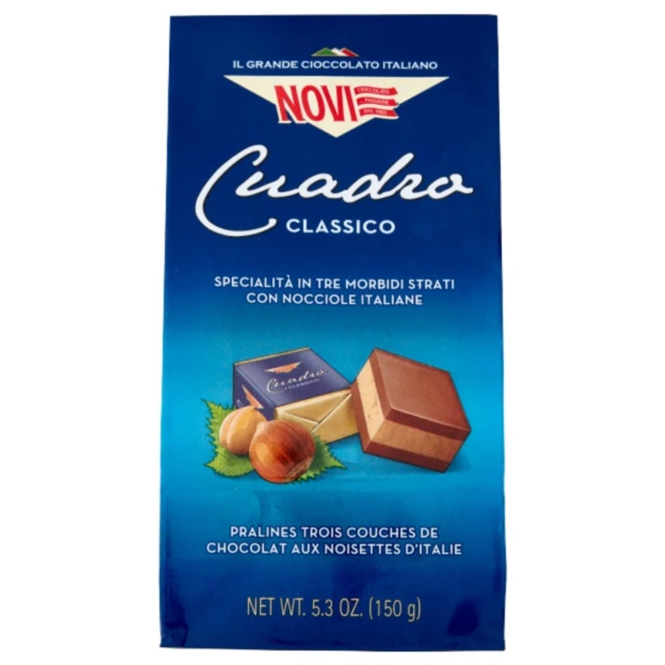 Mini czekoladki (Mini praliny) gianduja przełożone warstwą pasty z orzechów laskowych zamknięte w elegancką kostkę - NOVI Cuadro Classico 150g