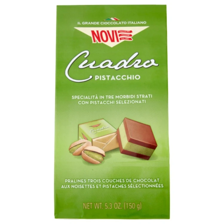 Mini czekoladki (Mini praliny) gianduja przełożone warstwą pasty z pistacji zamknięte w elegancką kostkę - NOVI Cuadro Pistacchio 150g