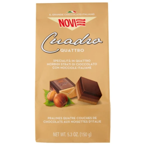 Mini czekoladki (Mini praliny) z ekstra ciemnej czekolady, mlecznej czekolady z orzechami laskowymi w stylu gianduja, mlecznej czekolady oraz białej czekolady z pastą z orzechów laskowych zamknięte w elegancką kostkę - NOVI Cuadro Quattro 150g