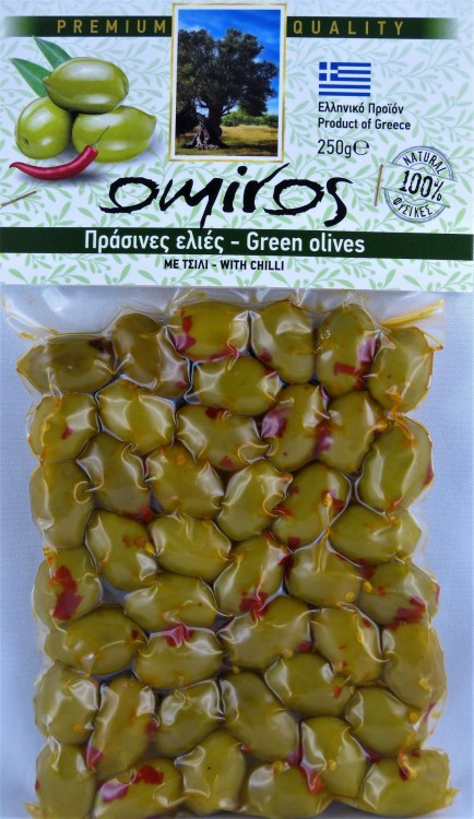 Oliwki greckie zielone z chilli 250g